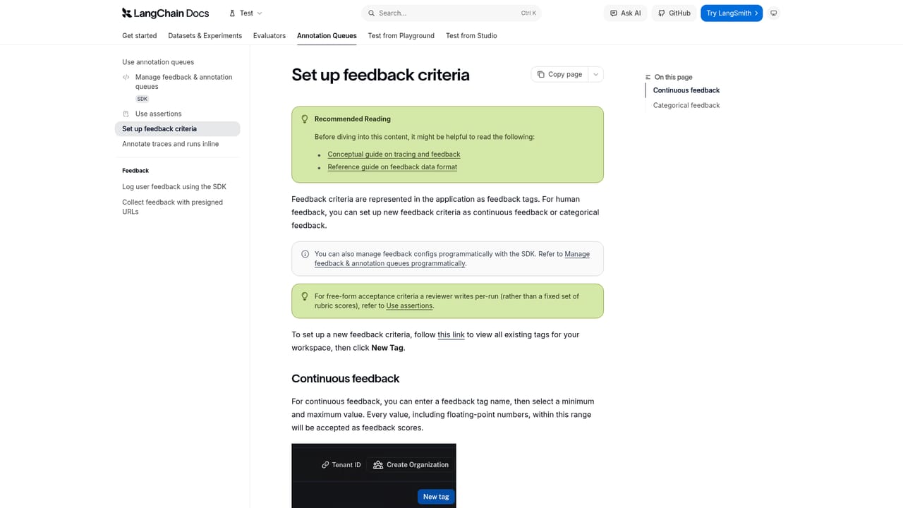 LangSmith Evaluations — Define feedback criteria