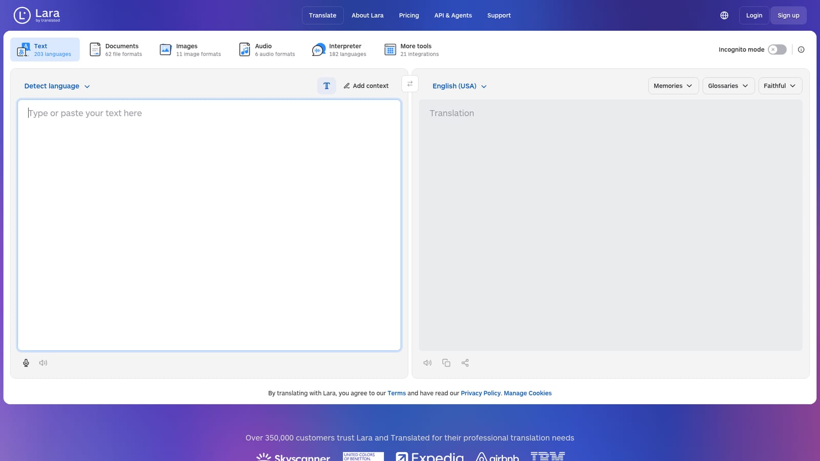 Lara Translate — Open the translator and choose a mode