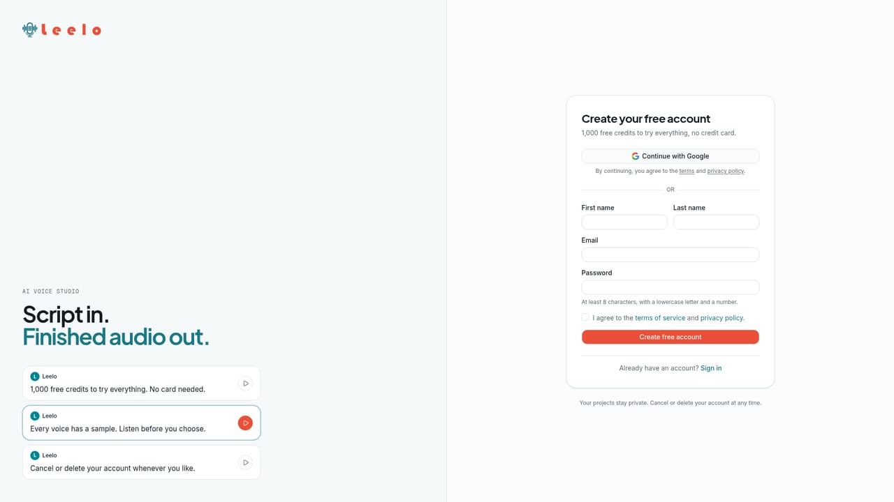 Leelo — Create an account and claim the free credits