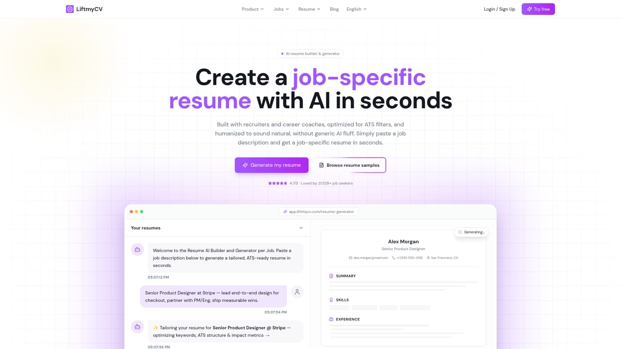 LiftmyCV — Inspect generated resumes and cover letters