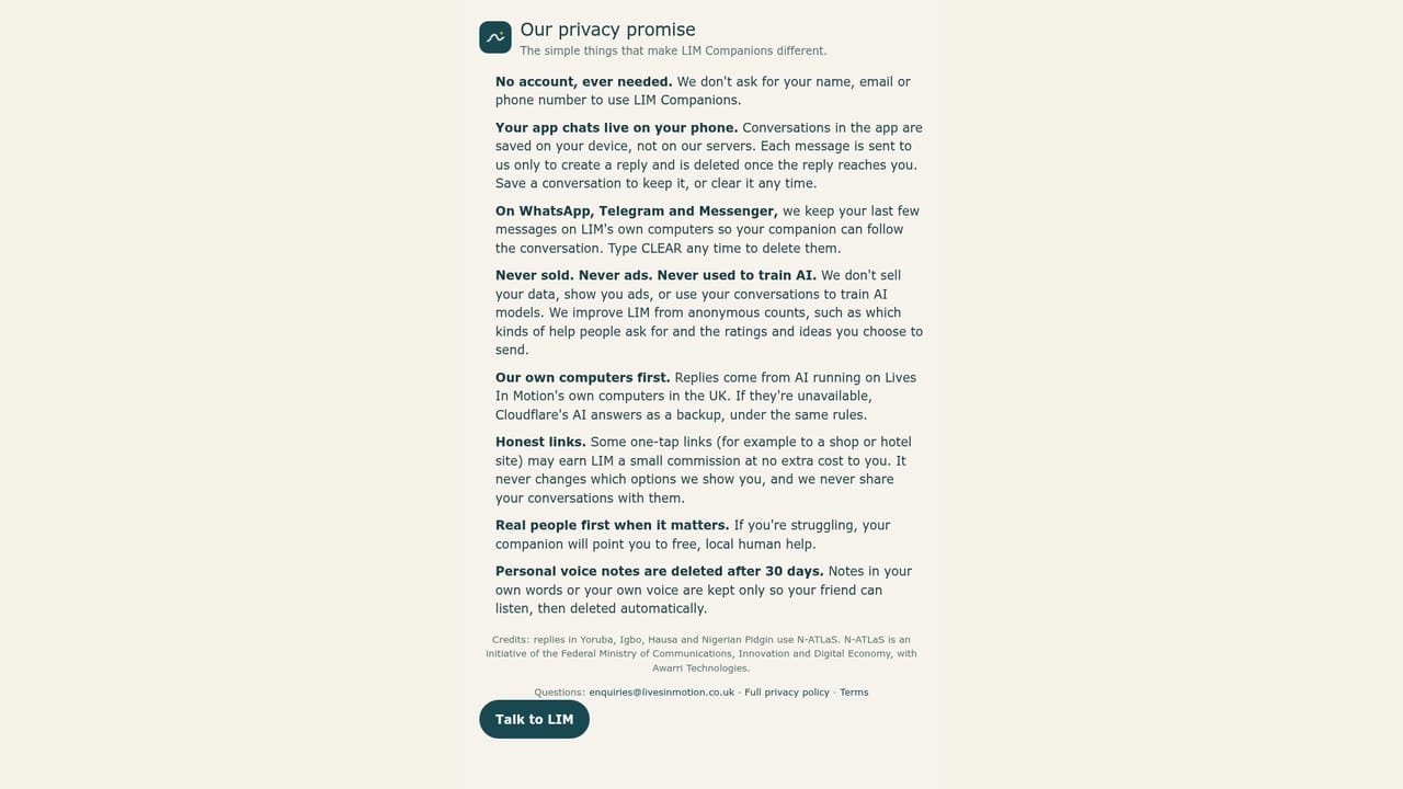 LIM Companions — Review the privacy promise