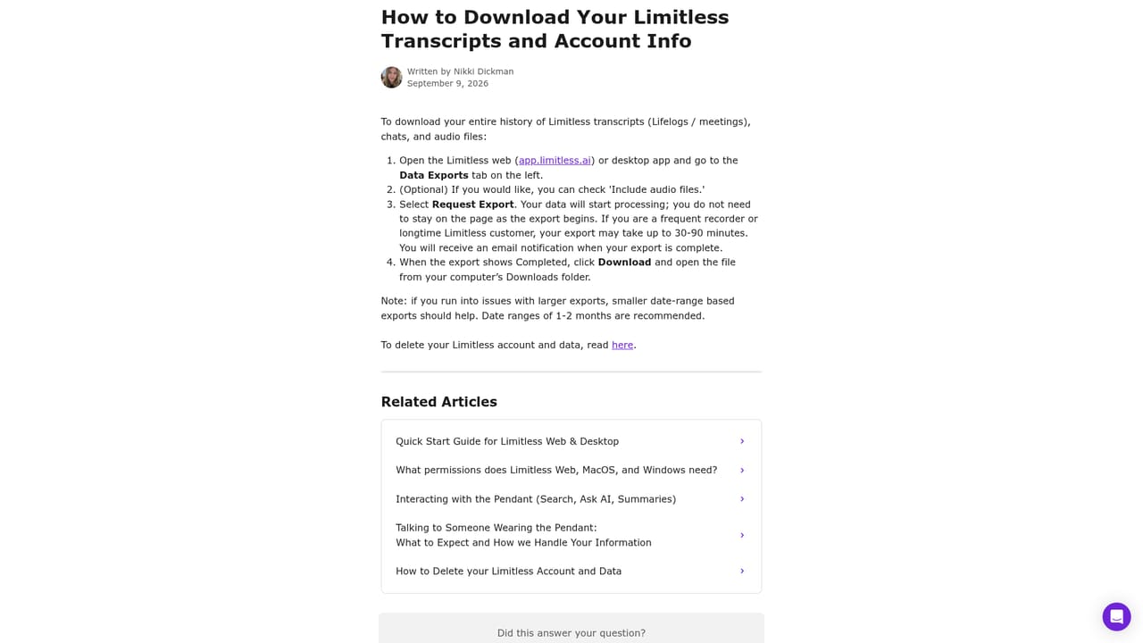 Limitless — Export your transcripts and account data