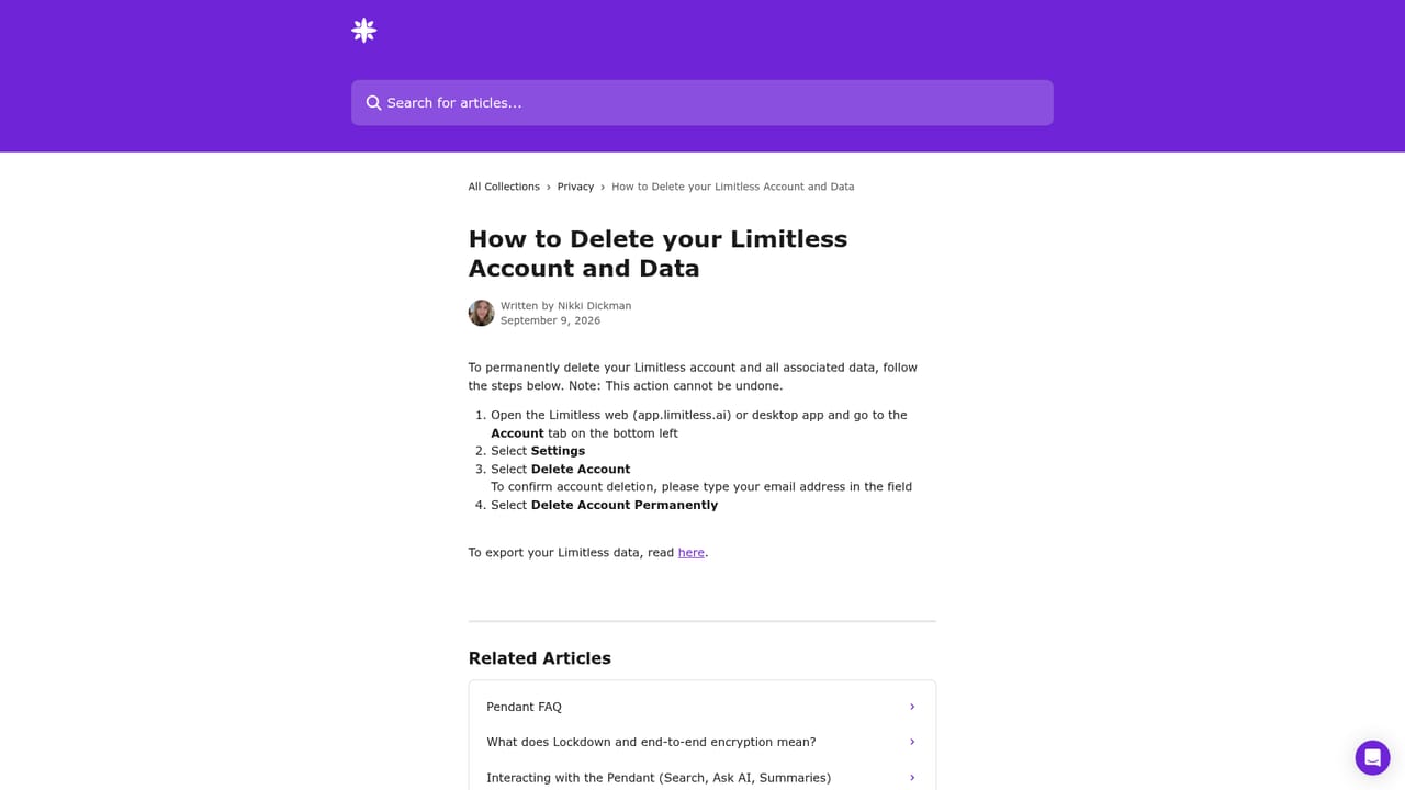 Limitless — Delete your account and data if you are leaving