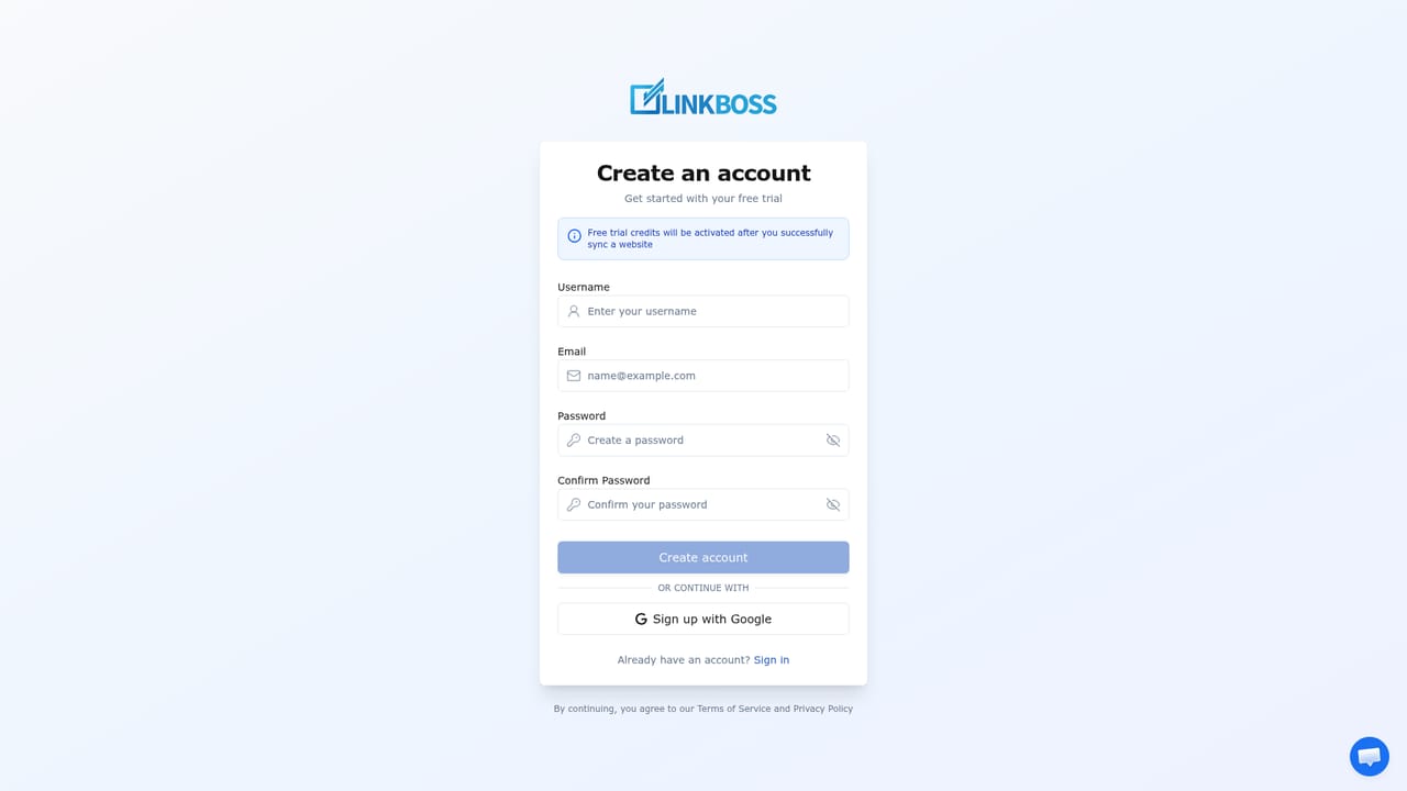 LinkBoss — Create a free account and connect your site