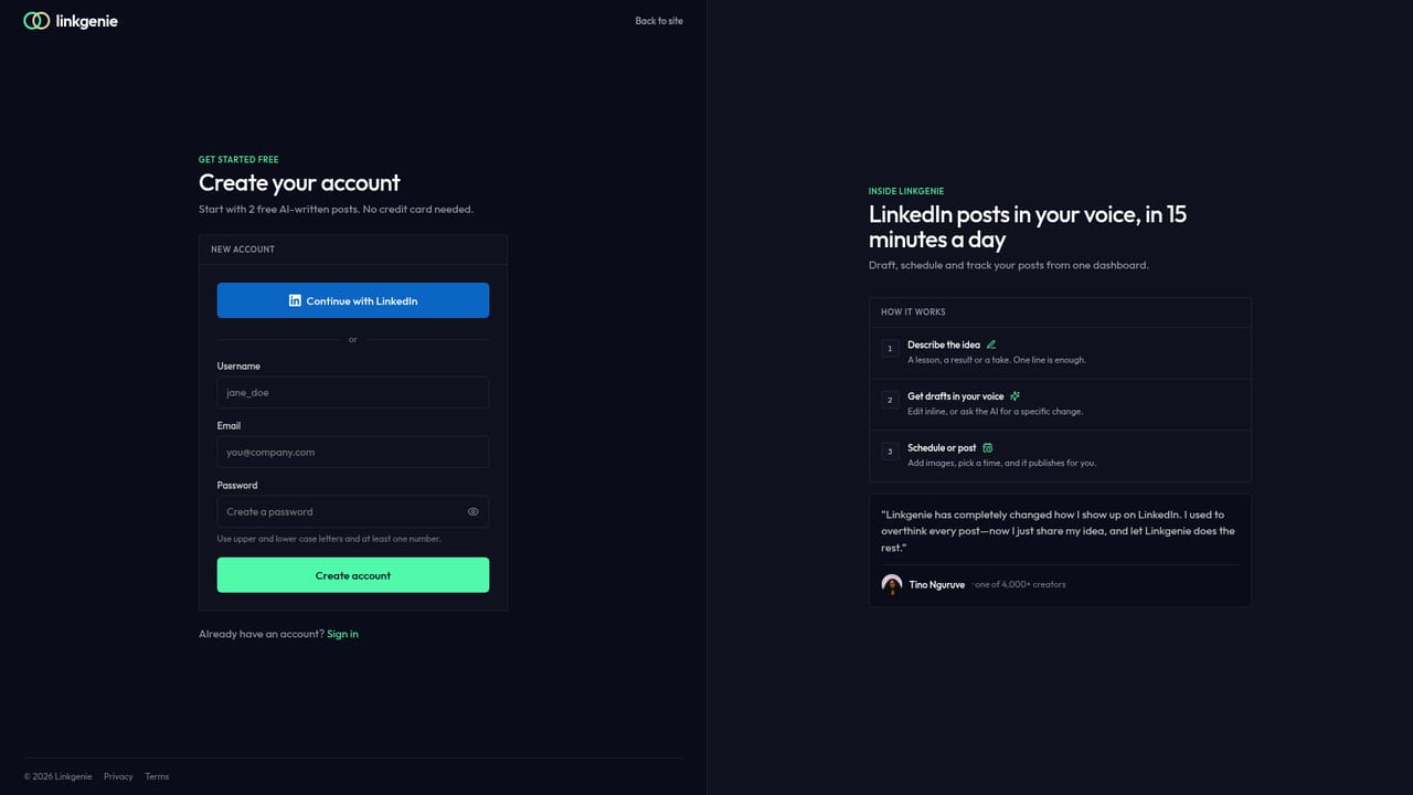 Linkgenie — Create a free account