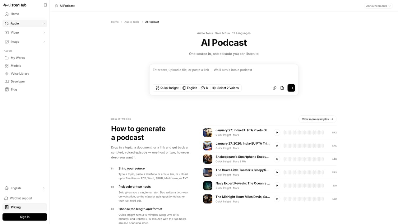 ListenHub — Generate a podcast episode