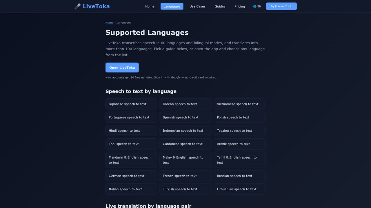 LiveToka — Choose your source and target languages