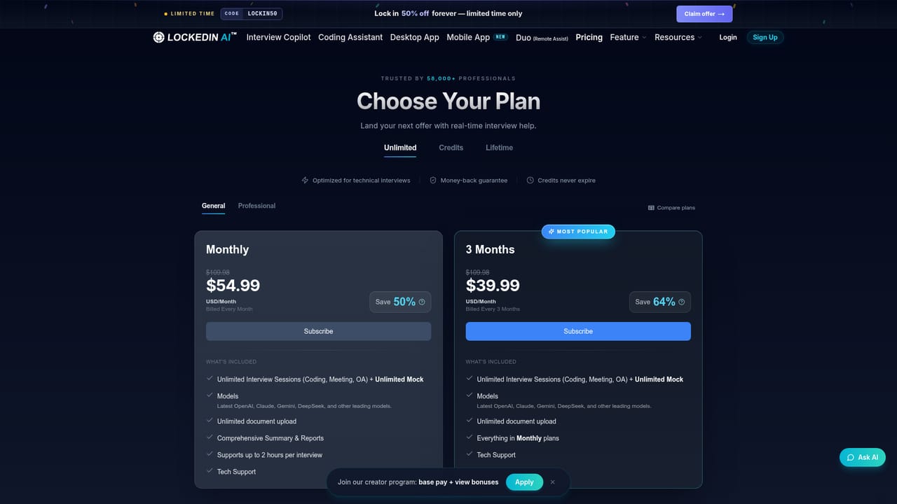 LockedIn AI — Compare plans before your next interview