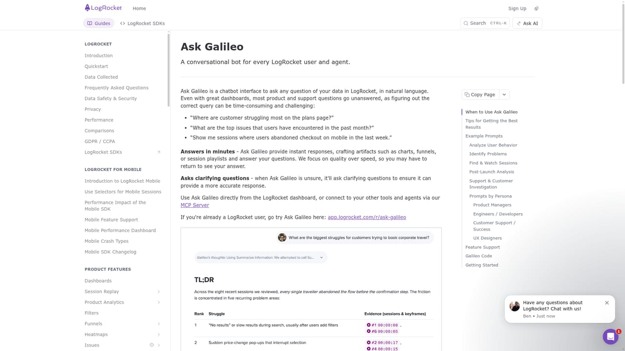LogRocket Galileo — Ask a product question