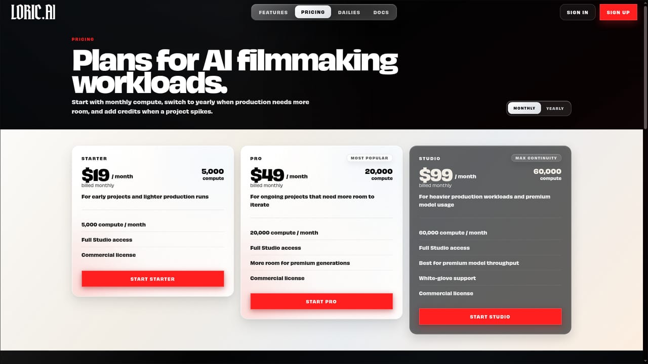 Loric.ai — Create an account and pick a plan