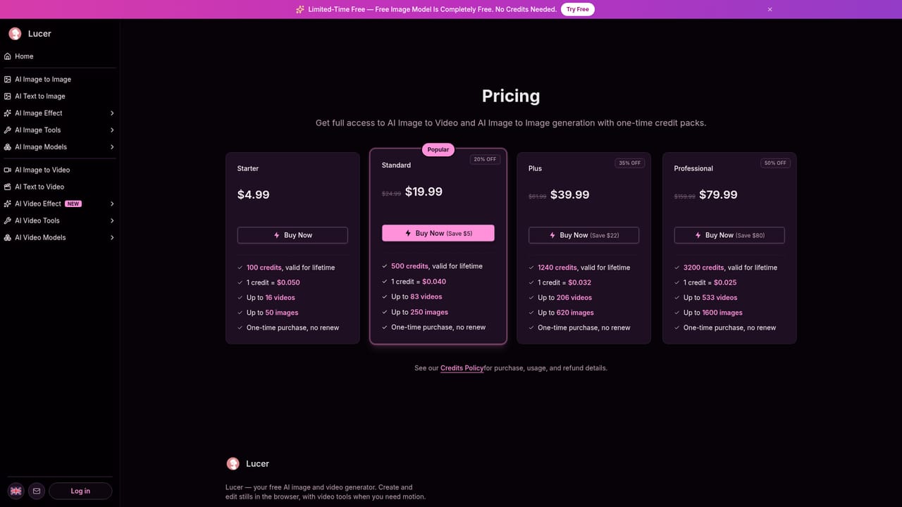 Lucer — Check credits on the pricing page
