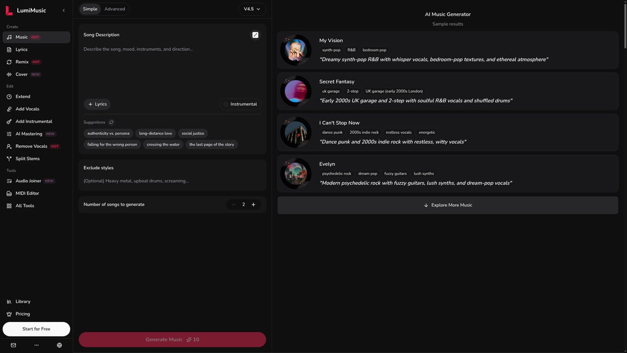 LumiMusic — Generate a first track from a prompt