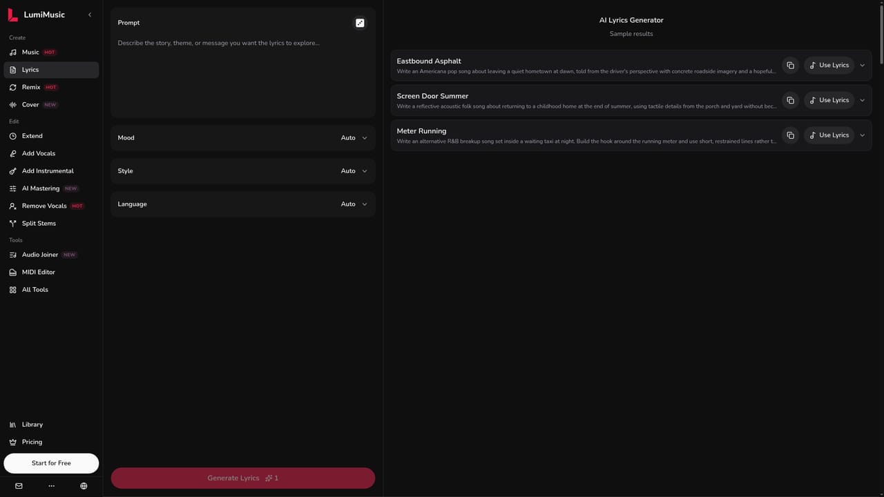 LumiMusic — Write or refine lyrics separately