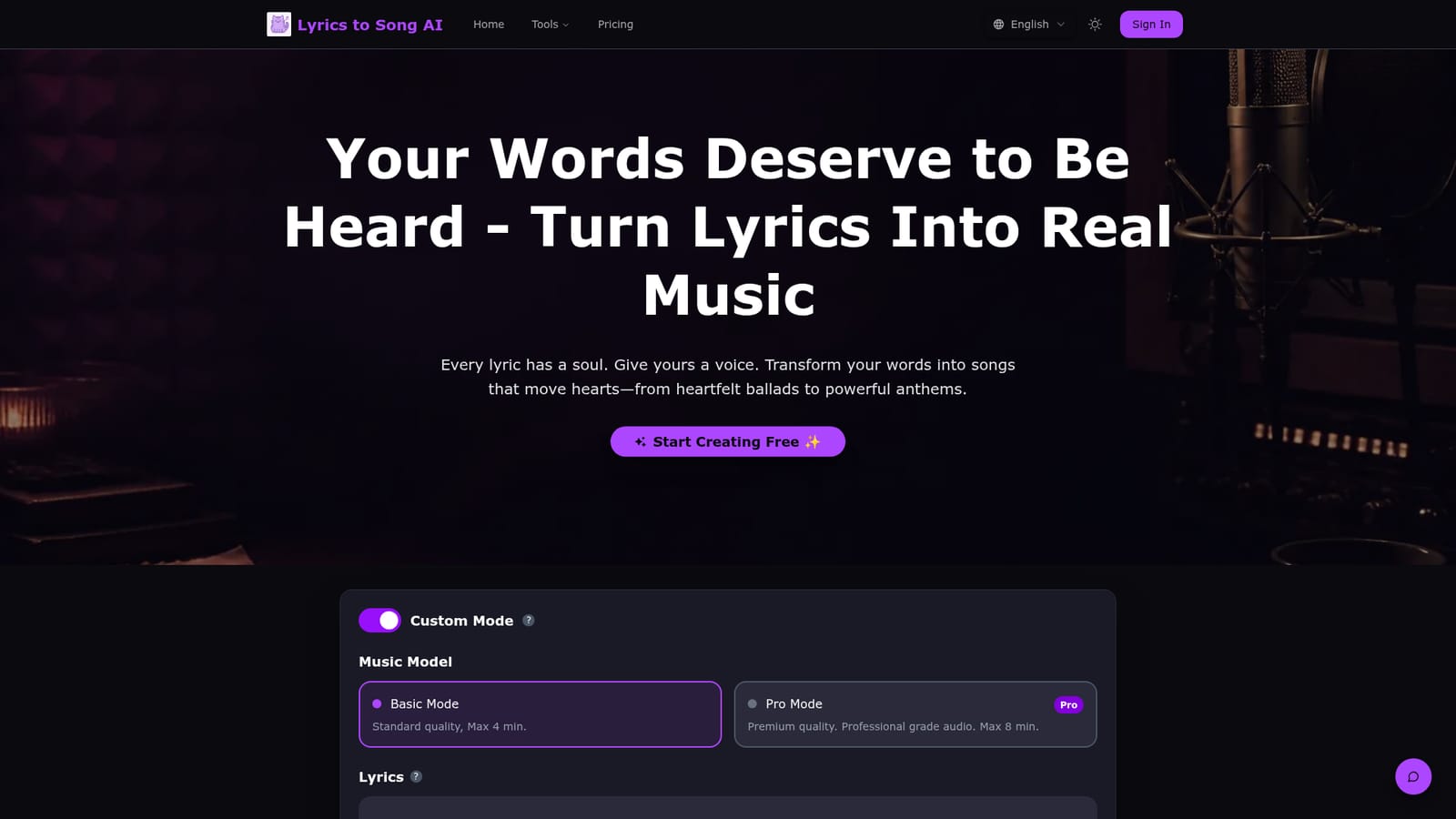 Lyrics to Song AI — Open the dashboard and choose a music model