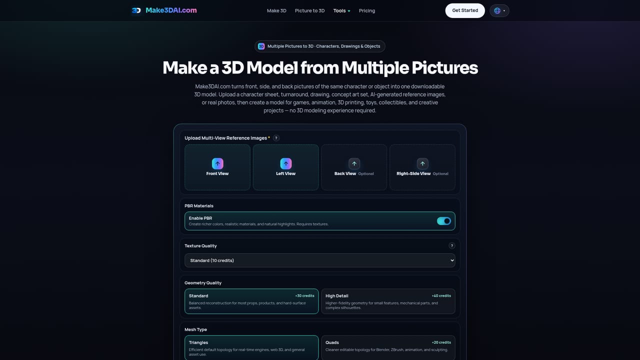 Make3DAI.com — Upload reference angles for multiview