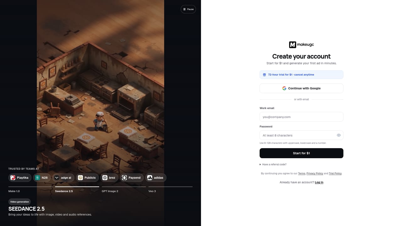 MakeUGC — Create an account and start the $1 trial