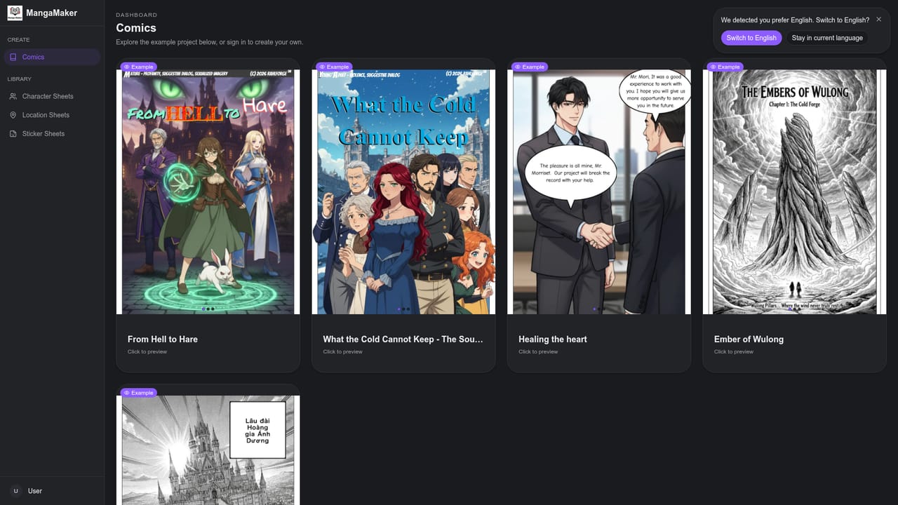 MangaMaker — Open the comics dashboard