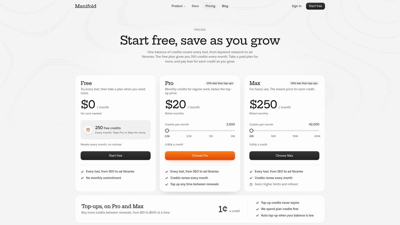 Manifold MCP — Check the free plan and credits