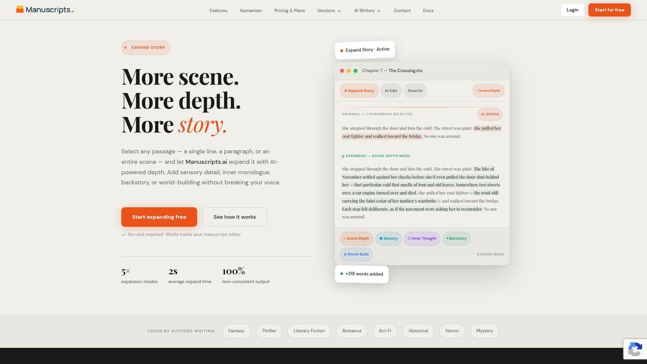 ManuscriptsAI — Expand and rewrite excerpts in the editor
