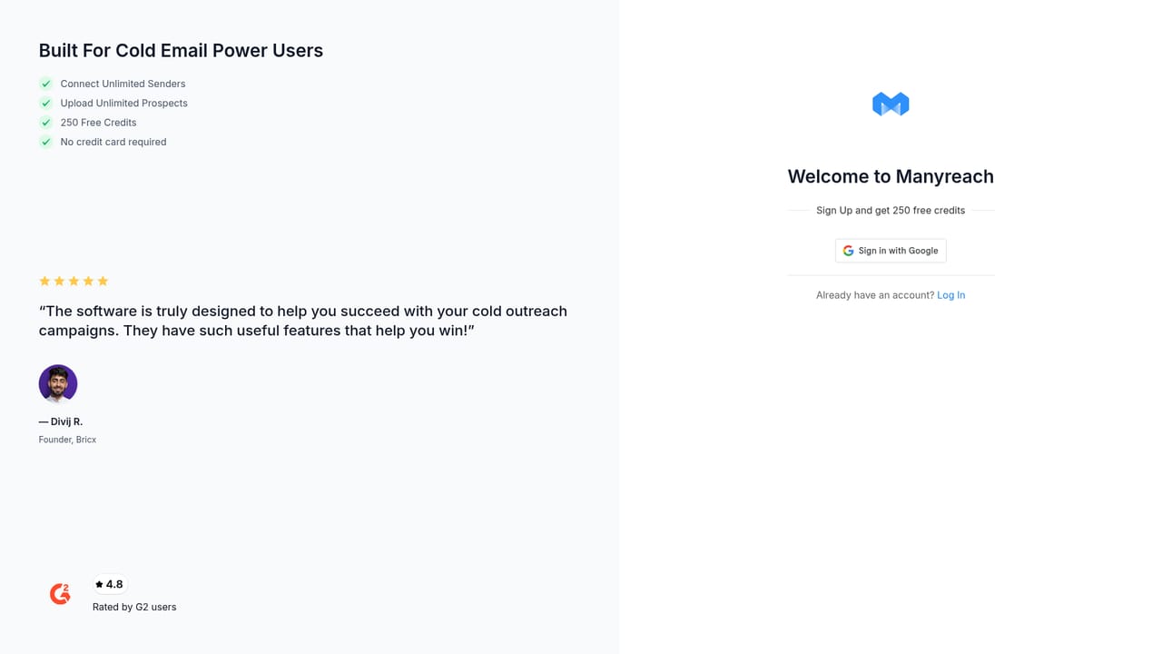 Manyreach — Create an account and claim starter credits