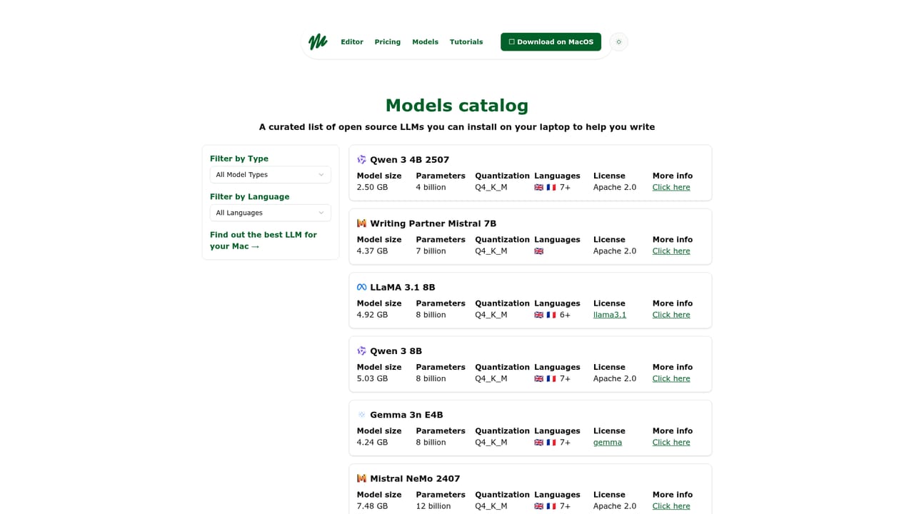 Manzoni — Check the models catalog