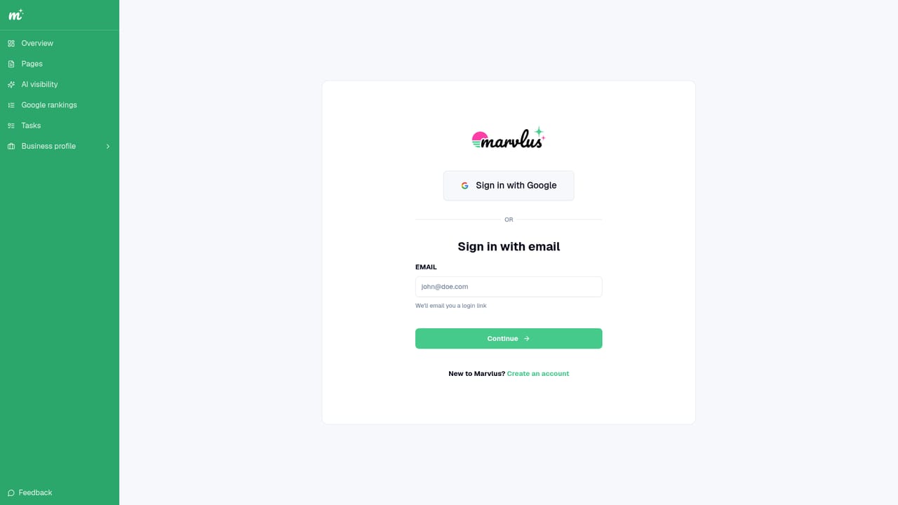 Marvlus — Start the free trial and open the dashboard