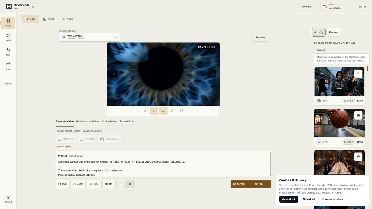 MaxVideoAI — Open the video workspace and set your parameters