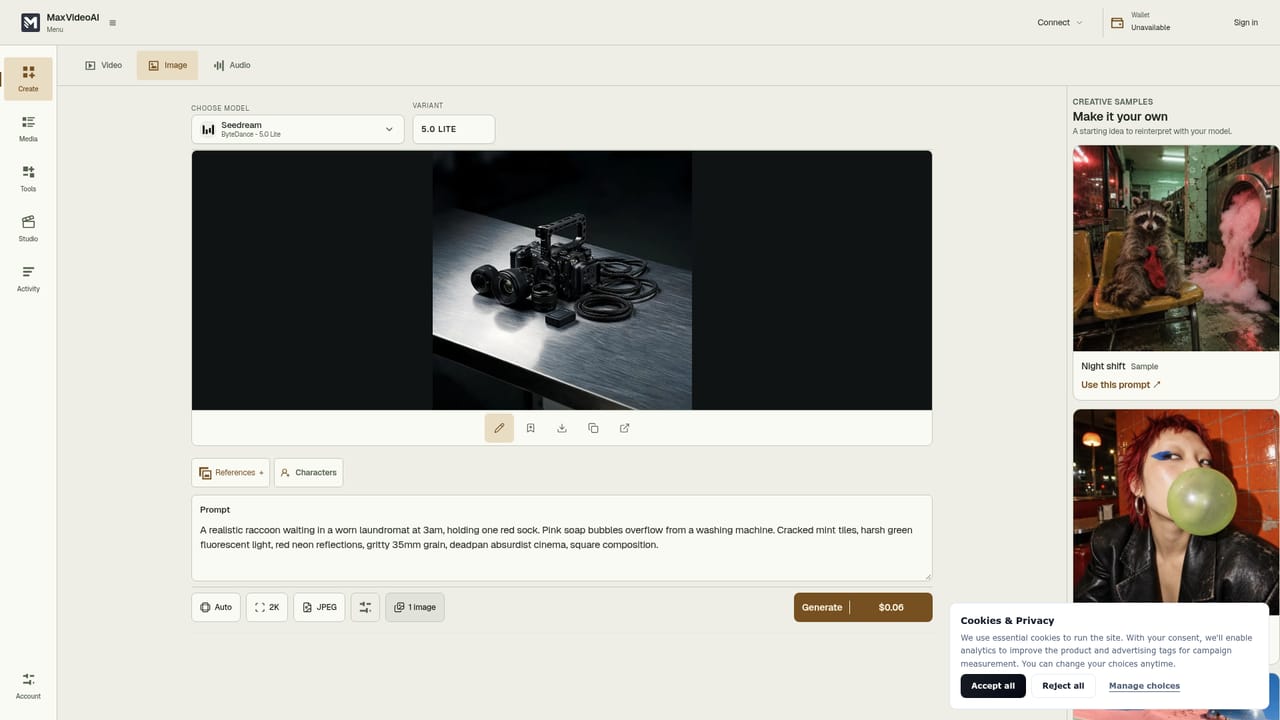 MaxVideoAI — Prepare references in the image tab
