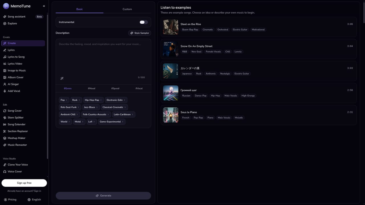 MemoTune — Open the song generator and pick an input