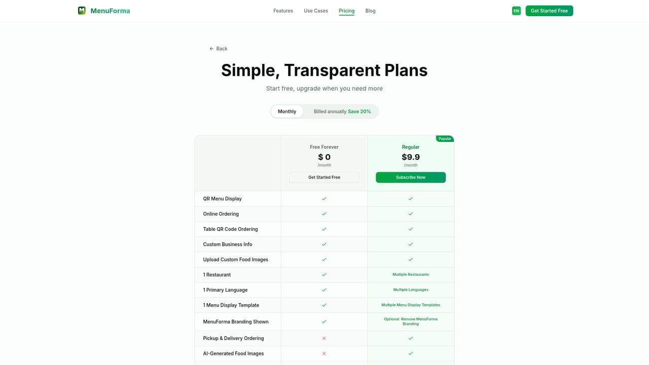 MenuForma — Compare plans and publish