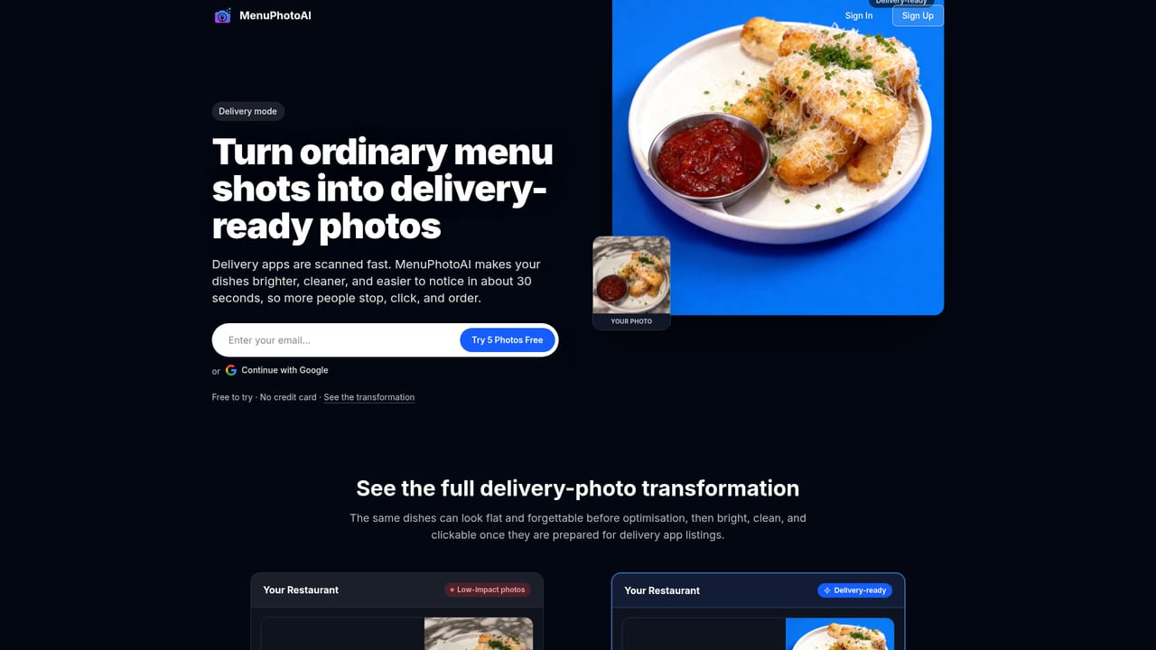 MenuPhotoAI — Try delivery or ad modes