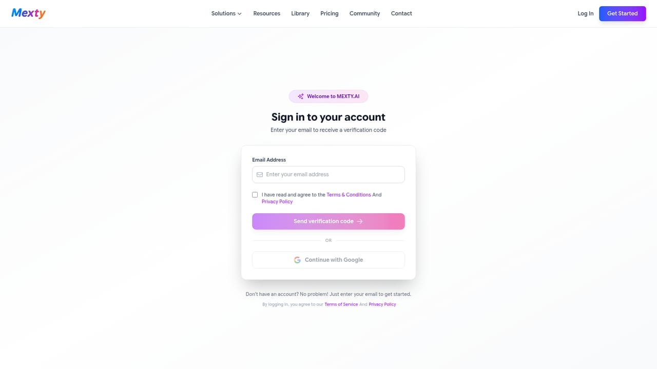 Mexty — Create a free account and open the chat workspace