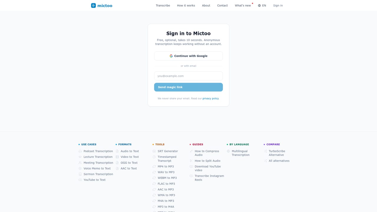 Mictoo — Sign in for larger or longer files