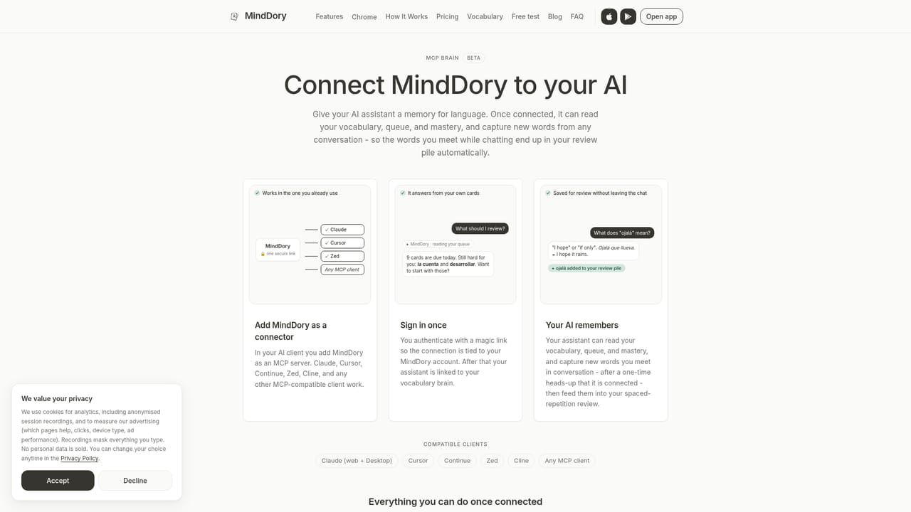 MindDory — Connect an AI assistant or test your level