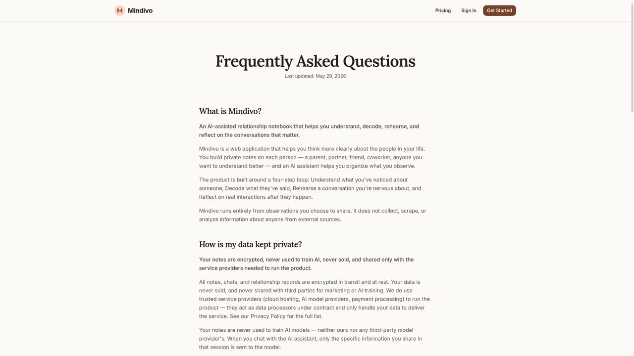 Mindivo AI — Read the FAQ and the founder story