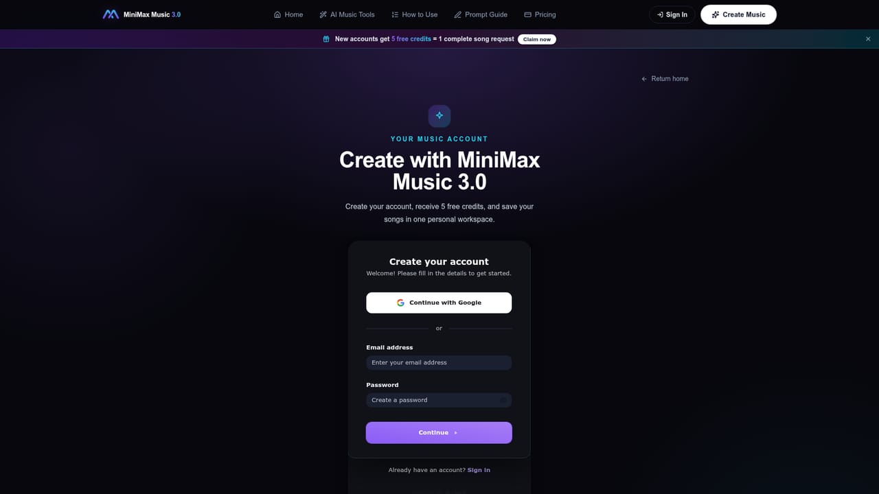 MiniMax Music 3.0 — Sign up and claim free credits