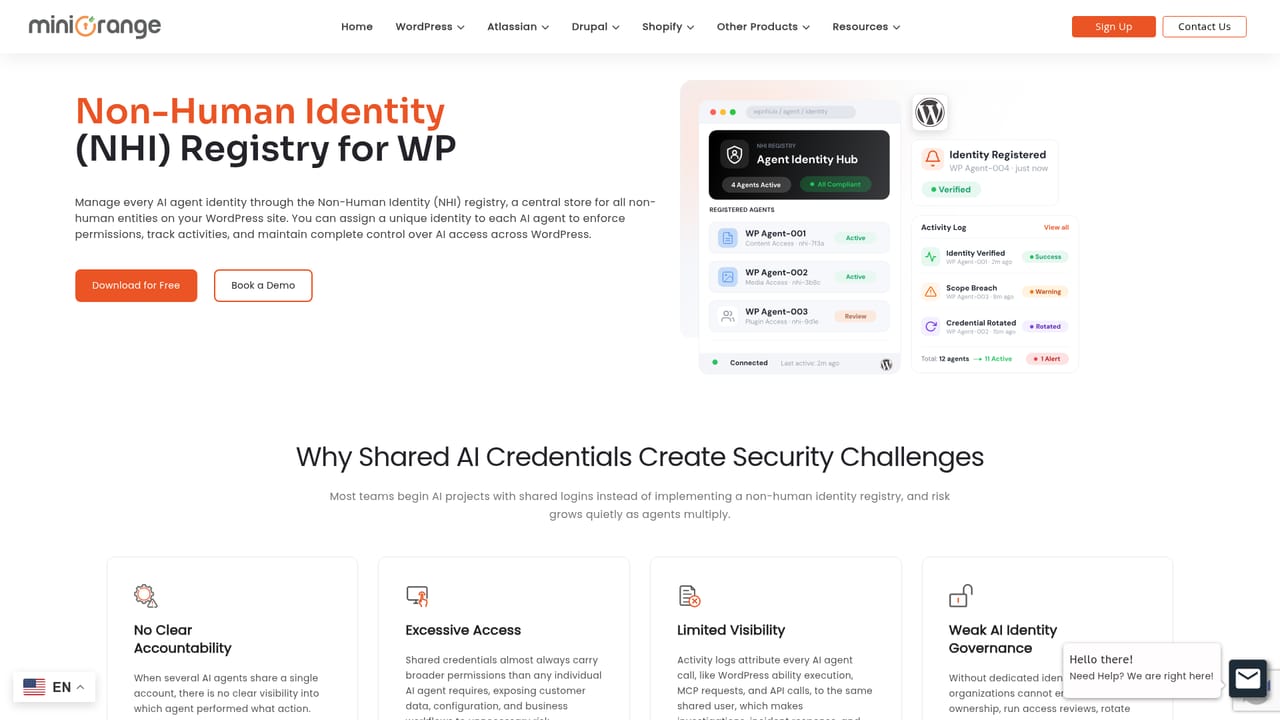 miniOrange MCP Server for WordPress — Register agent identities
