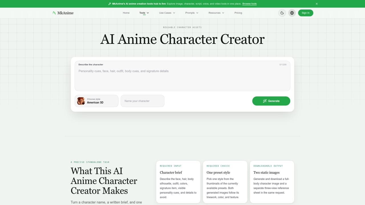 MkAnime AI — Build the cast as reusable sheets