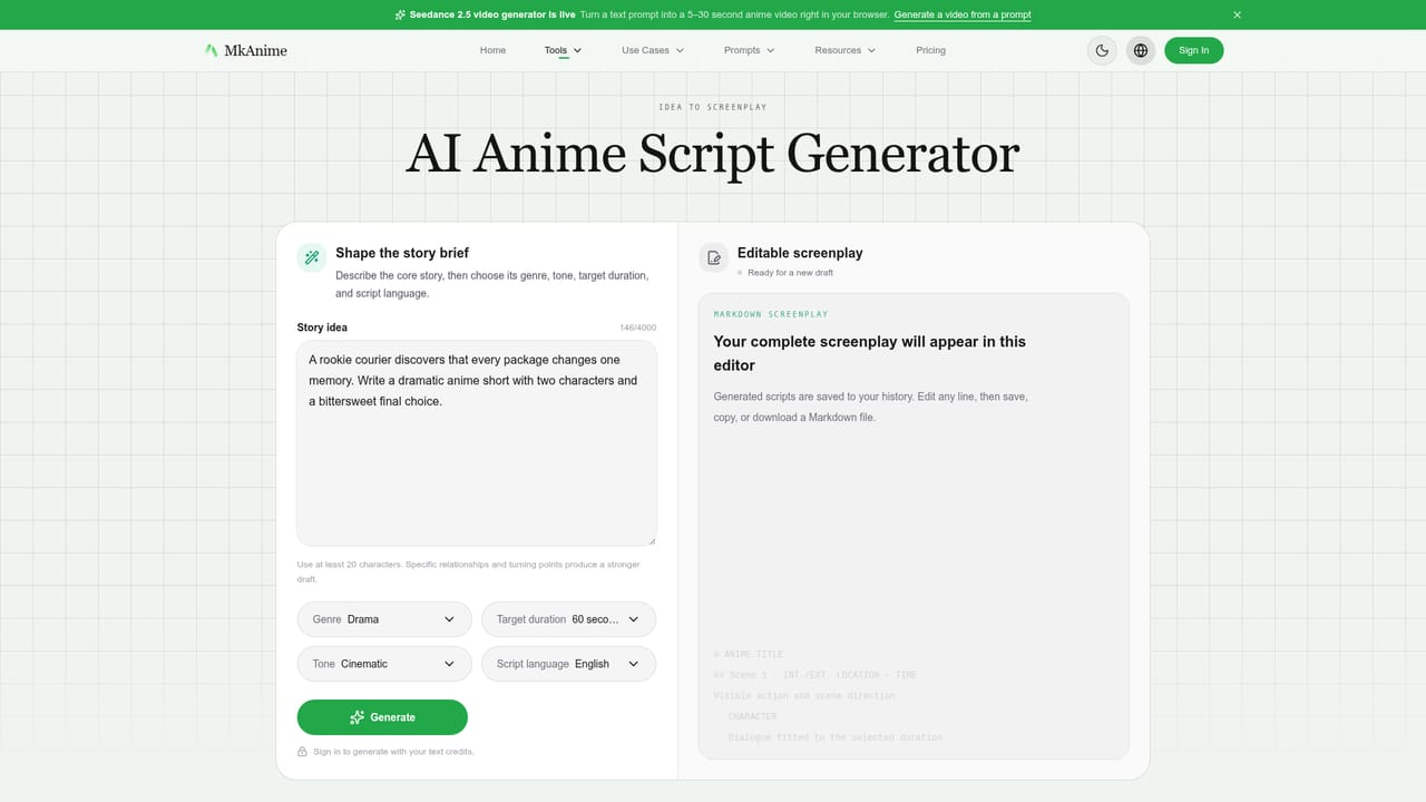 MkAnime AI — Draft the script and outline