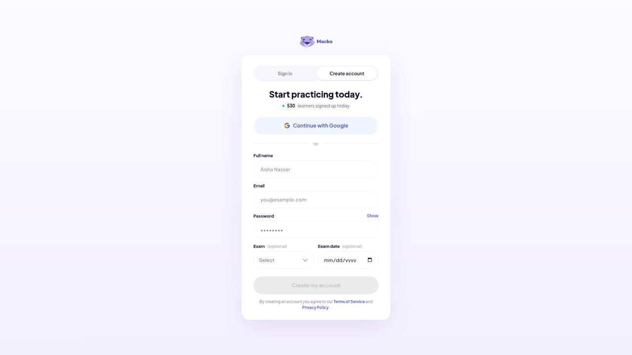 Mocko — Create an account and choose your exam