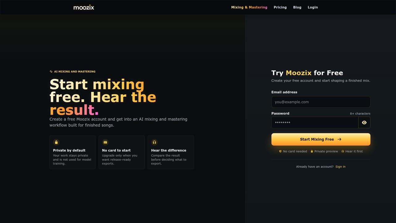 Moozix AI Automix & Mastering For Songs — Create an account and open the mixing studio