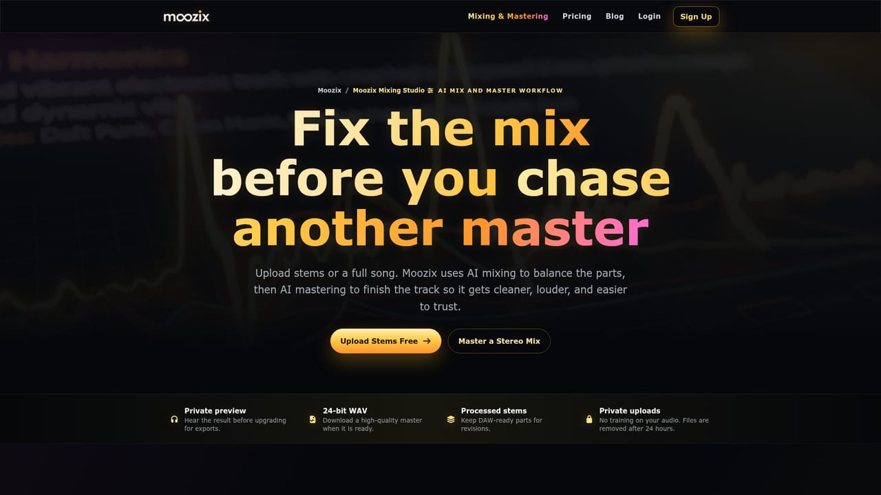 Moozix AI Automix & Mastering For Songs — Upload your stems or a single stereo file