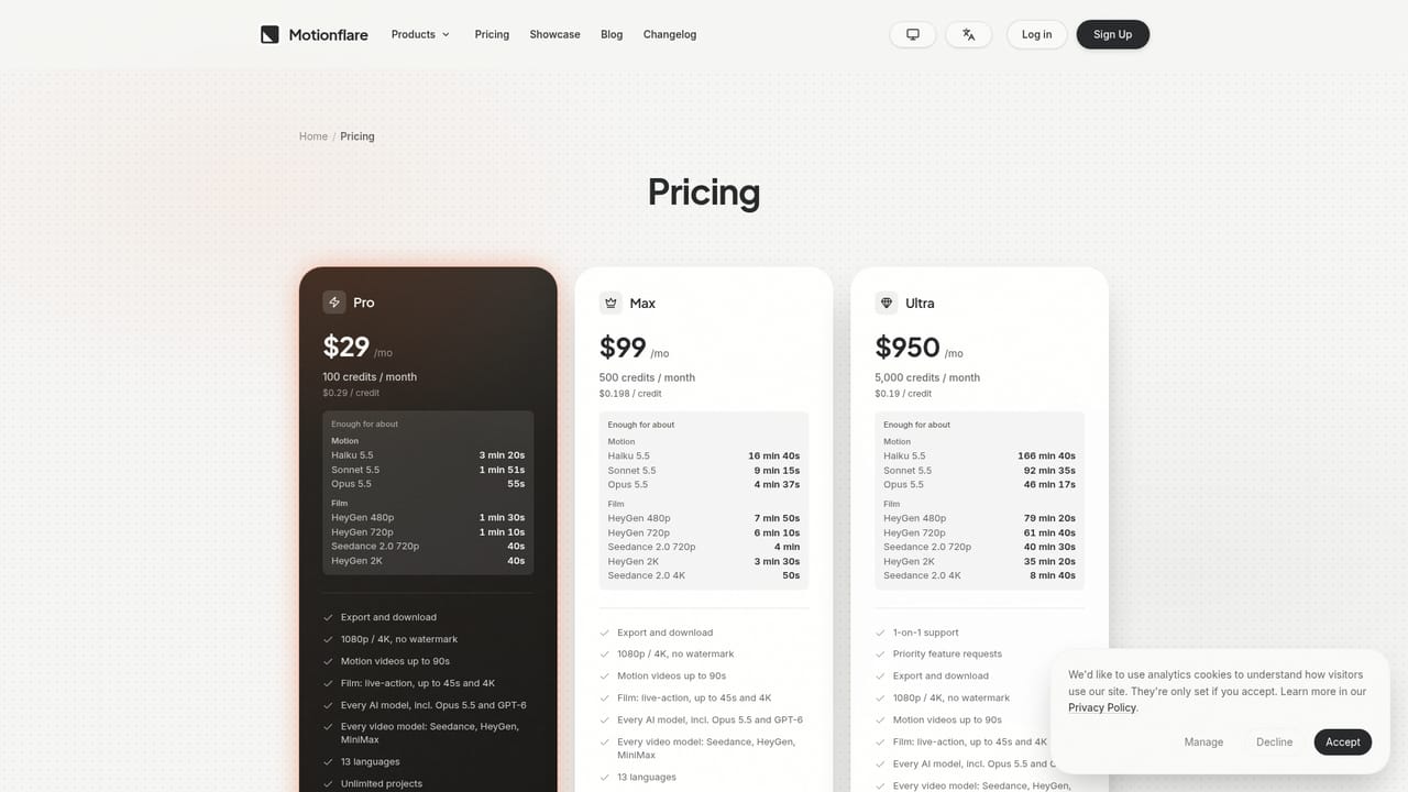 Motionflare — Buy credits and export