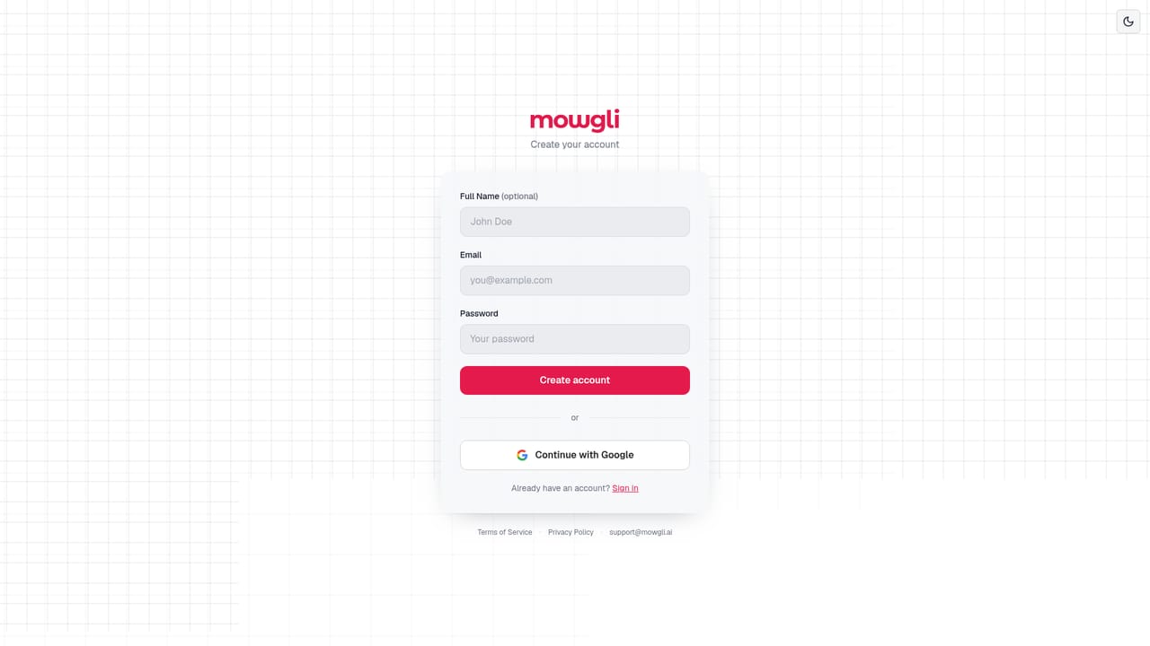Mowgli — Create an account and open the canvas