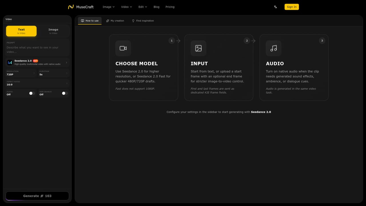 MuseCraft — Generate a video with Seedance 2.0