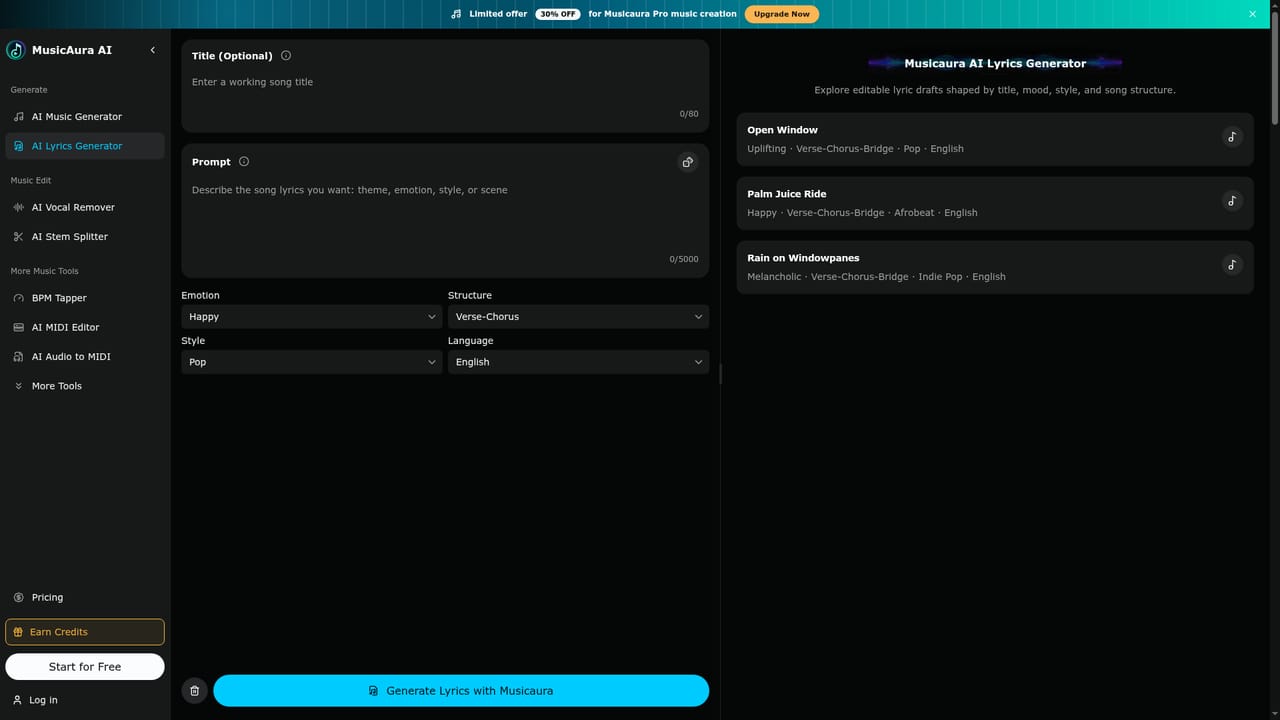 MusicAura AI — Draft lyrics if needed