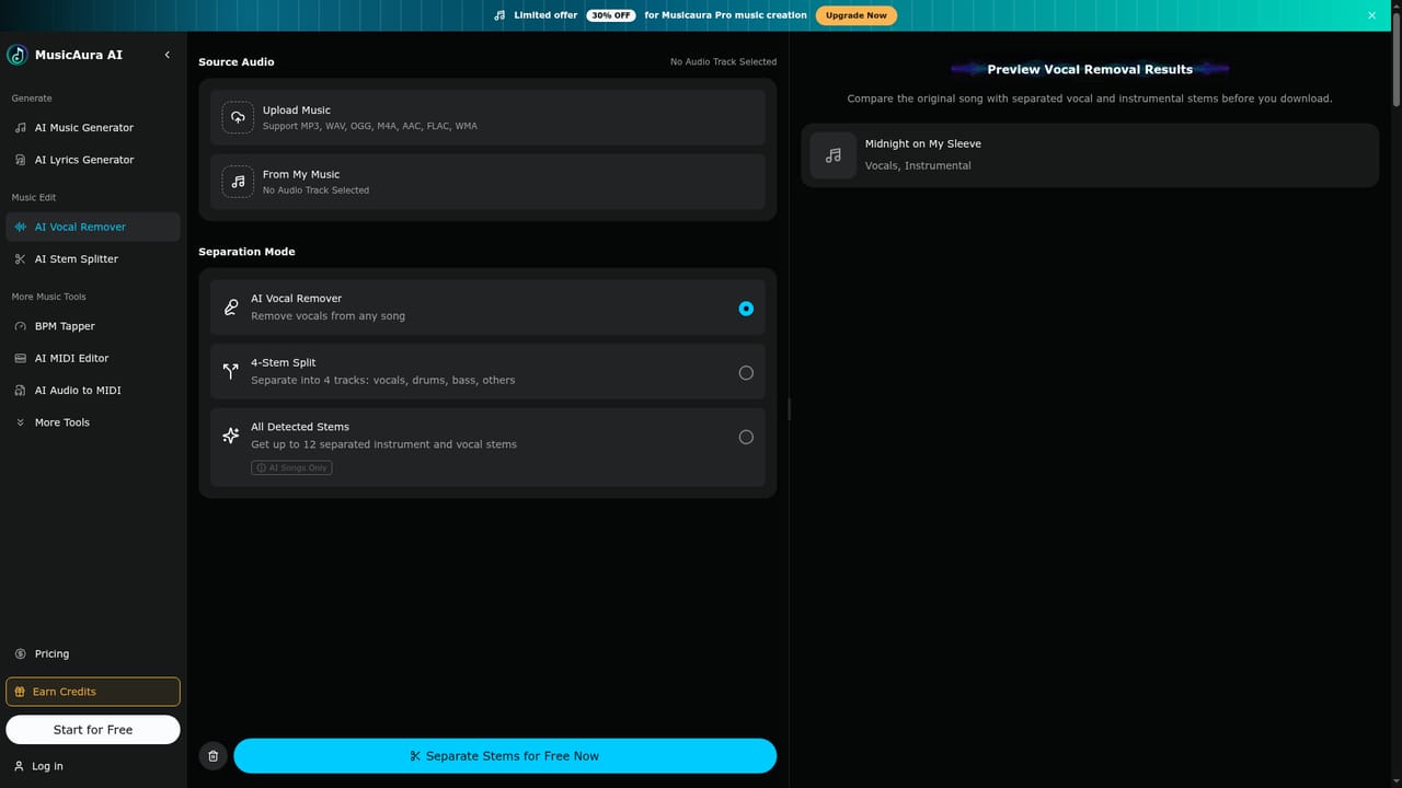 MusicAura AI — Clean up vocals or split stems