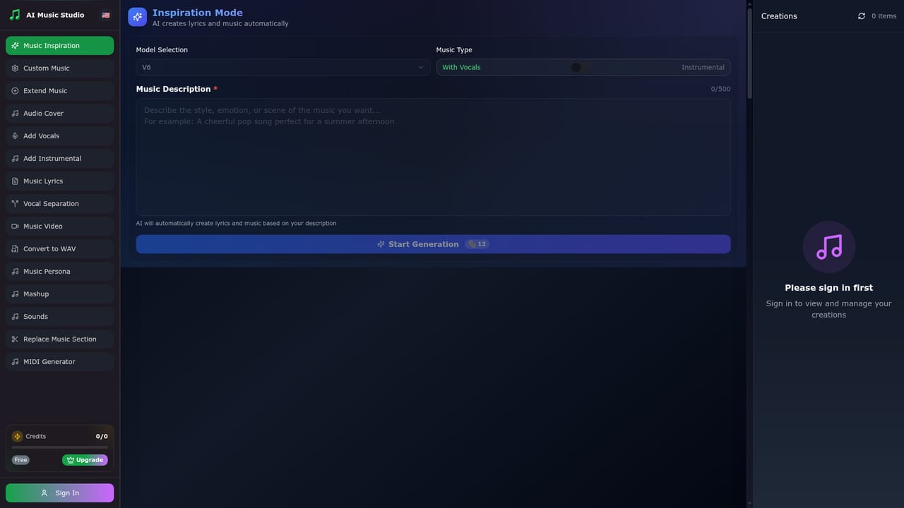 MusicGeneratorAI — Open the creation studio