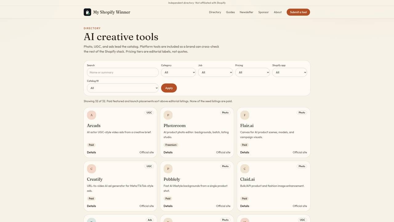 My Shopify Winner — Filter by the creative job you need