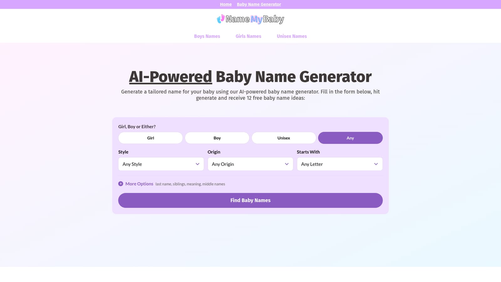Name My Baby — Open the generator and pick a gender